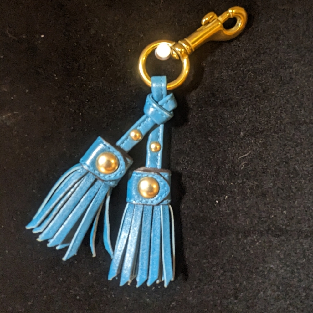 Coach Teal Blue Leather Tassel Bag Charm Key Fob Gold Hardware GHW